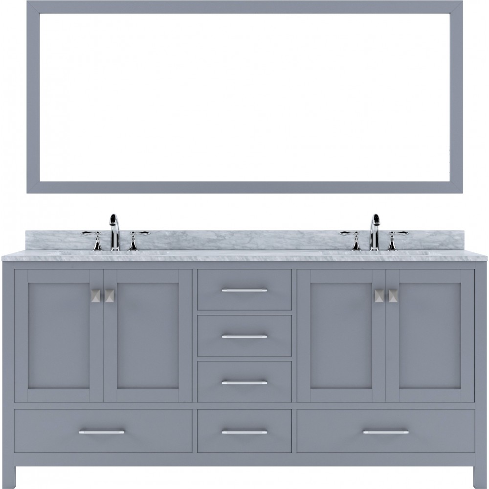 Caroline Avenue 72" Double Bath Vanity in Gray with White Marble Top and Round Sinks and Matching Mirror