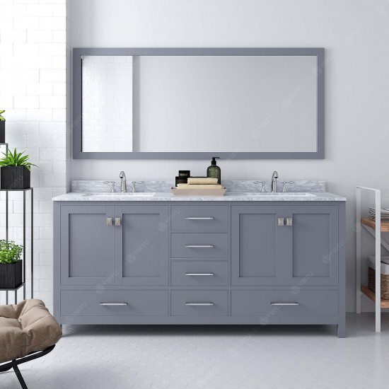 Caroline Avenue 72" Double Bath Vanity in Gray with White Marble Top and Round Sinks and Matching Mirror