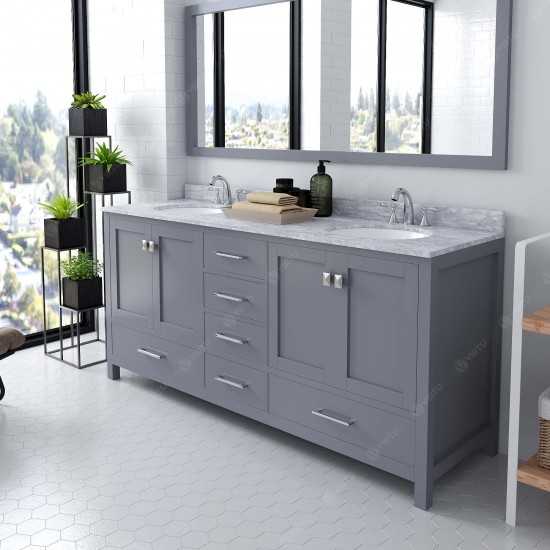 Caroline Avenue 72" Double Bath Vanity in Gray with White Marble Top and Round Sinks and Matching Mirror