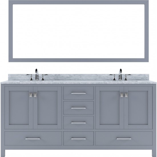 Caroline Avenue 72" Double Bath Vanity in Gray with White Marble Top and Round Sinks with Brushed Nickel Faucets and Mirror