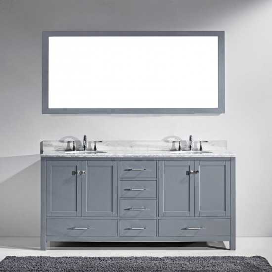 Caroline Avenue 72" Double Bath Vanity in Gray with White Marble Top and Round Sinks with Brushed Nickel Faucets and Mirror