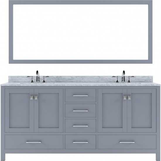 Caroline Avenue 72" Double Bath Vanity in Gray with White Marble Top and Round Sinks with Polished Chrome Faucets and Mirror