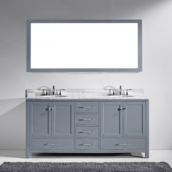 Caroline Avenue 72" Double Bath Vanity in Gray with White Marble Top and Round Sinks with Polished Chrome Faucets and Mirror