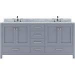 Caroline Avenue 72" Double Bath Vanity in Gray with White Marble Top and Round Sinks