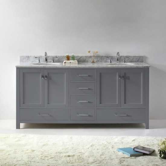 Caroline Avenue 72" Double Bath Vanity in Gray with White Marble Top and Round Sinks