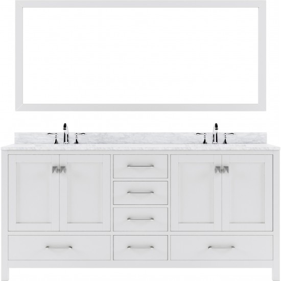 Caroline Avenue 72" Double Bath Vanity in White with White Marble Top and Round Sinks and Matching Mirror