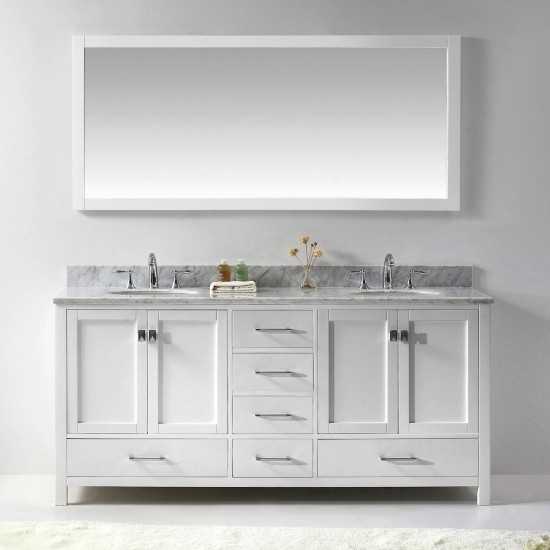 Caroline Avenue 72" Double Bath Vanity in White with White Marble Top and Round Sinks and Matching Mirror