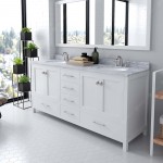 Caroline Avenue 72" Double Bath Vanity in White with White Marble Top and Round Sinks and Matching Mirror