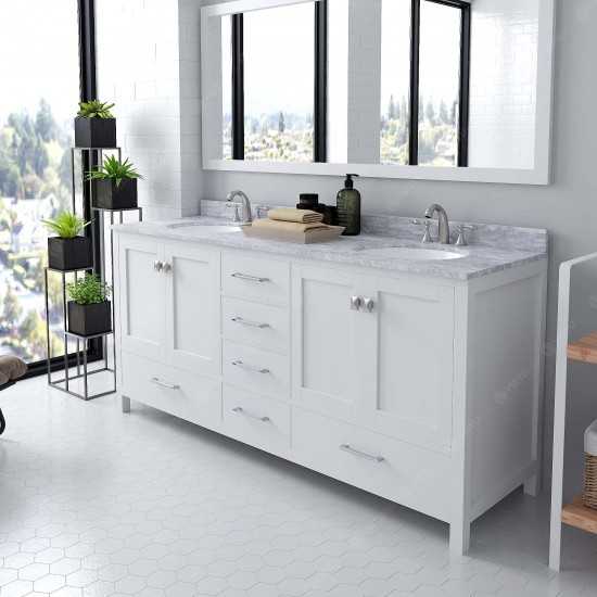 Caroline Avenue 72" Double Bath Vanity in White with White Marble Top and Round Sinks and Matching Mirror