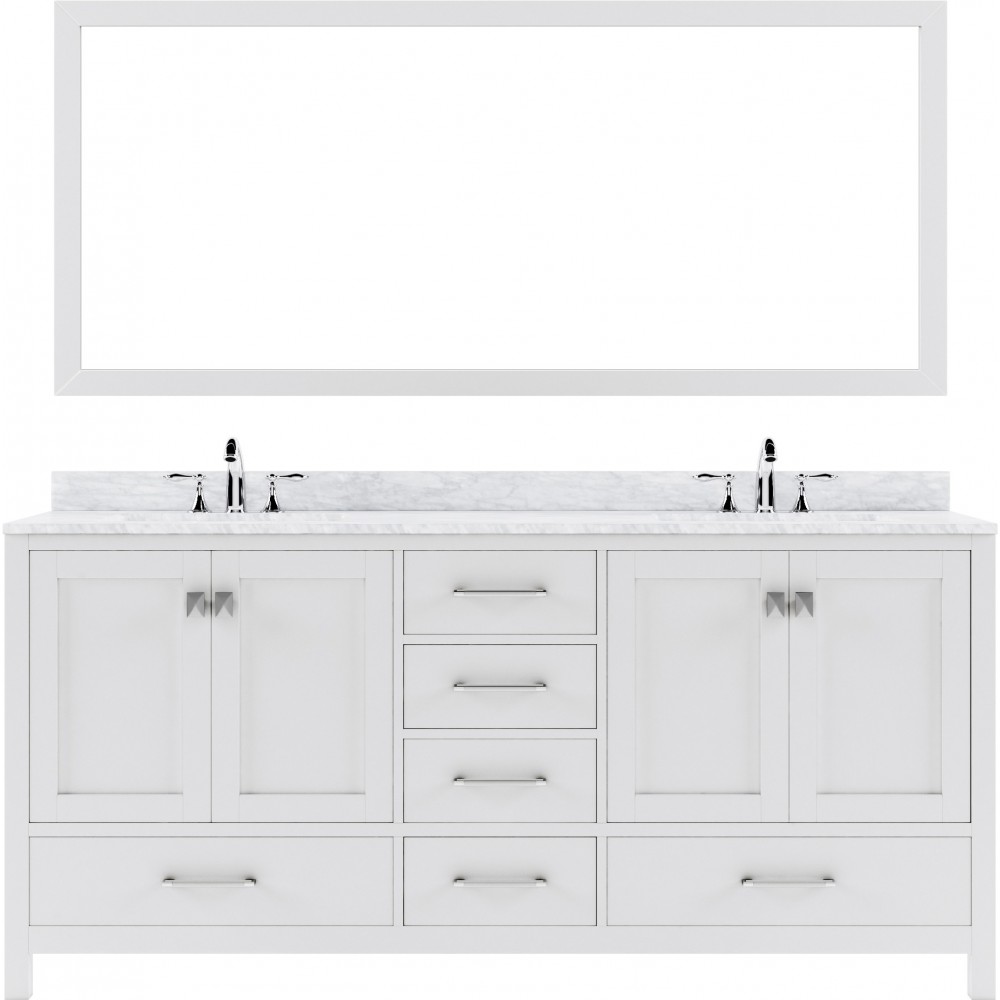 Caroline Avenue 72" Double Bath Vanity in White with White Marble Top and Round Sinks with Brushed Nickel Faucets and Mirror