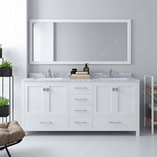 Caroline Avenue 72" Double Bath Vanity in White with White Marble Top and Round Sinks with Brushed Nickel Faucets and Mirror