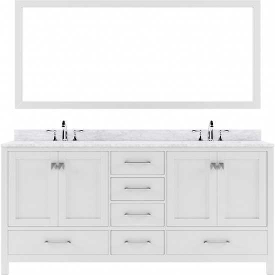 Caroline Avenue 72" Double Bath Vanity in White with White Marble Top and Round Sinks with Polished Chrome Faucets and Mirror