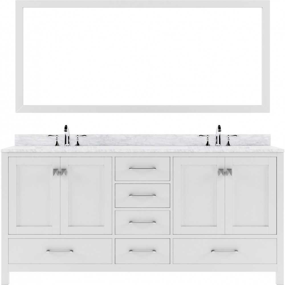 Caroline Avenue 72" Double Bath Vanity in White with White Marble Top and Round Sinks with Polished Chrome Faucets and Mirror