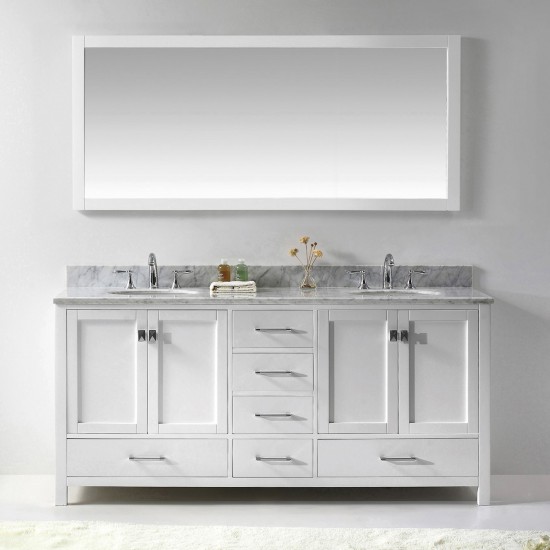 Caroline Avenue 72" Double Bath Vanity in White with White Marble Top and Round Sinks with Polished Chrome Faucets and Mirror