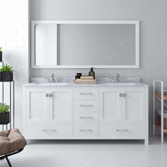 Caroline Avenue 72" Double Bath Vanity in White with White Marble Top and Round Sinks with Polished Chrome Faucets and Mirror