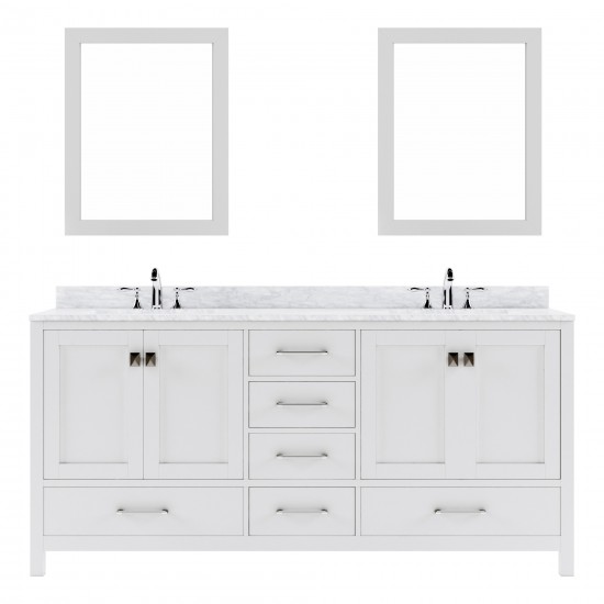 Caroline Avenue 72" Double Bath Vanity in White with White Marble Top and Round Sinks and Matching Mirror