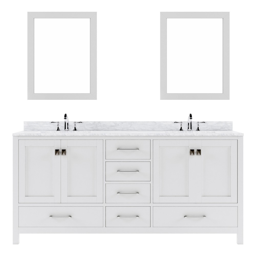 Caroline Avenue 72" Double Bath Vanity in White with White Marble Top and Round Sinks and Matching Mirror