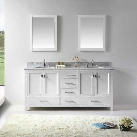 Caroline Avenue 72" Double Bath Vanity in White with White Marble Top and Round Sinks and Matching Mirror