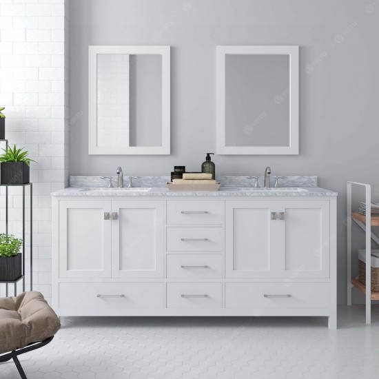 Caroline Avenue 72" Double Bath Vanity in White with White Marble Top and Round Sinks and Matching Mirror