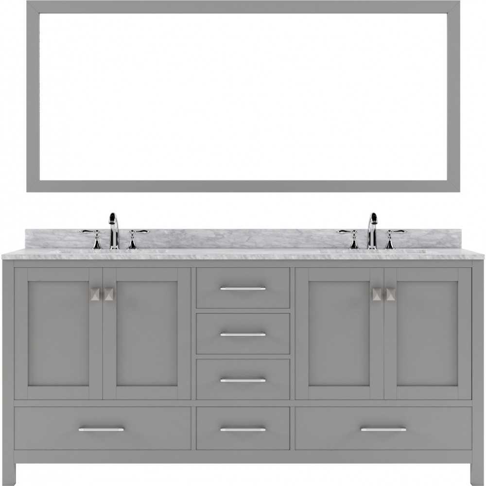 Caroline Avenue 72" Double Bath Vanity in Cashmere Gray with White Marble Top and Square Sinks and Matching Mirror