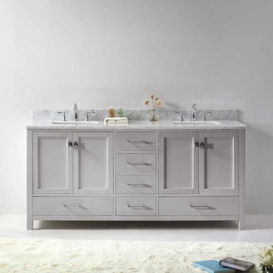 Caroline Avenue 72" Double Bath Vanity in Cashmere Gray with White Marble Top and Square Sinks