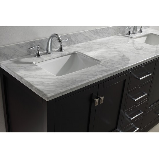 Caroline Avenue 72" Double Bath Vanity in Espresso with White Marble Top and Square Sinks and Matching Mirror