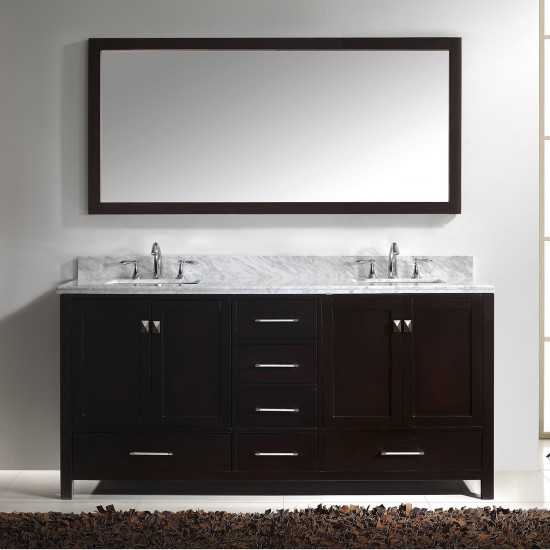 Caroline Avenue 72" Double Vanity in Espresso with White Marble Top and Square Sinks with Polished Chrome Faucets and Mirror