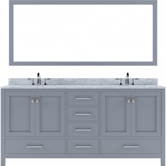 Caroline Avenue 72" Double Bath Vanity in Gray with White Marble Top and Square Sinks and Matching Mirror