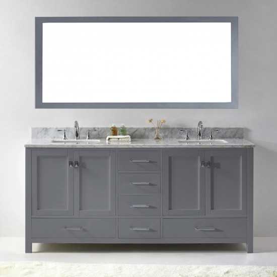 Caroline Avenue 72" Double Bath Vanity in Gray with White Marble Top and Square Sinks and Matching Mirror