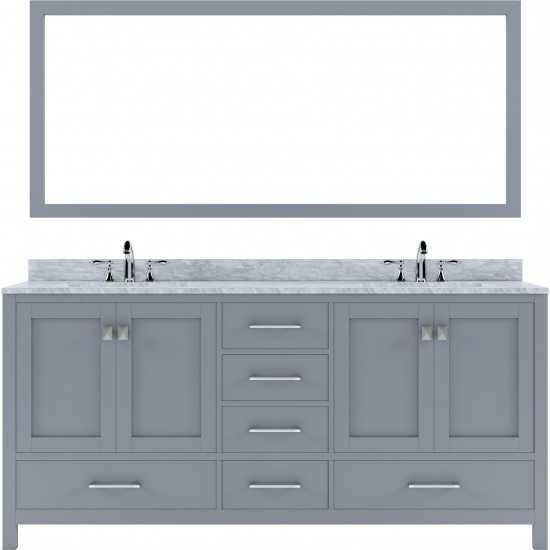 Caroline Avenue 72" Double Bath Vanity in Gray with White Marble Top and Square Sinks with Brushed Nickel Faucets and Mirror