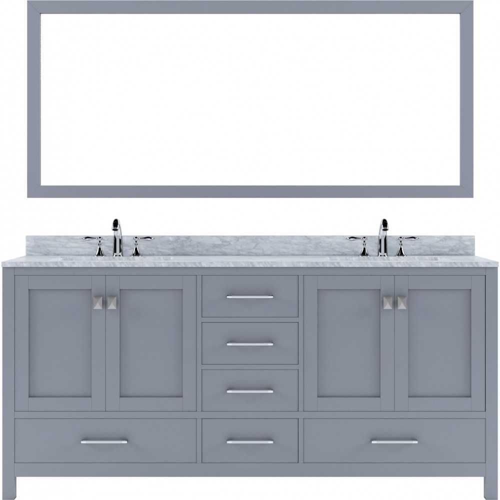 Caroline Avenue 72" Double Bath Vanity in Gray with White Marble Top and Square Sinks with Brushed Nickel Faucets and Mirror