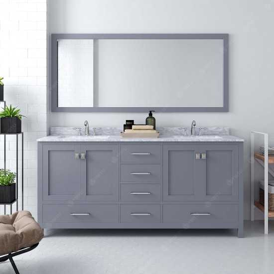 Caroline Avenue 72" Double Bath Vanity in Gray with White Marble Top and Square Sinks with Brushed Nickel Faucets and Mirror