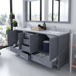 Caroline Avenue 72" Double Bath Vanity in Gray with White Marble Top and Square Sinks with Brushed Nickel Faucets and Mirror