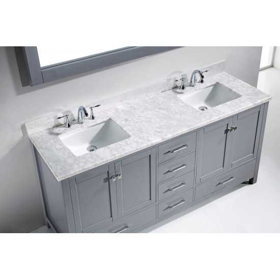 Caroline Avenue 72" Double Bath Vanity in Gray with White Marble Top and Square Sinks with Brushed Nickel Faucets and Mirror