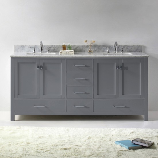 Caroline Avenue 72" Double Bath Vanity in Gray with White Marble Top and Square Sinks