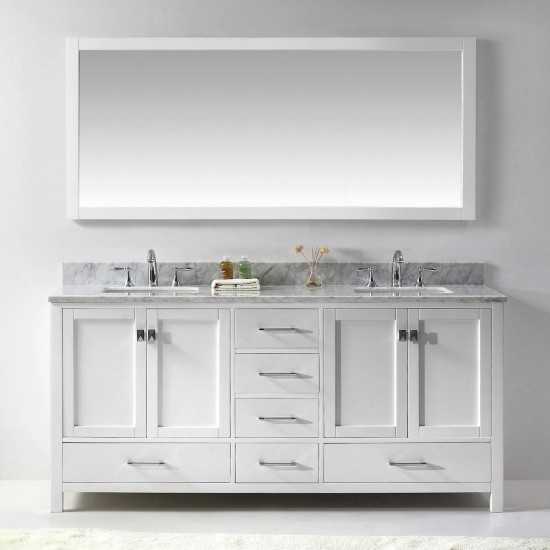 Caroline Avenue 72" Double Bath Vanity in White with White Marble Top and Square Sinks and Matching Mirror