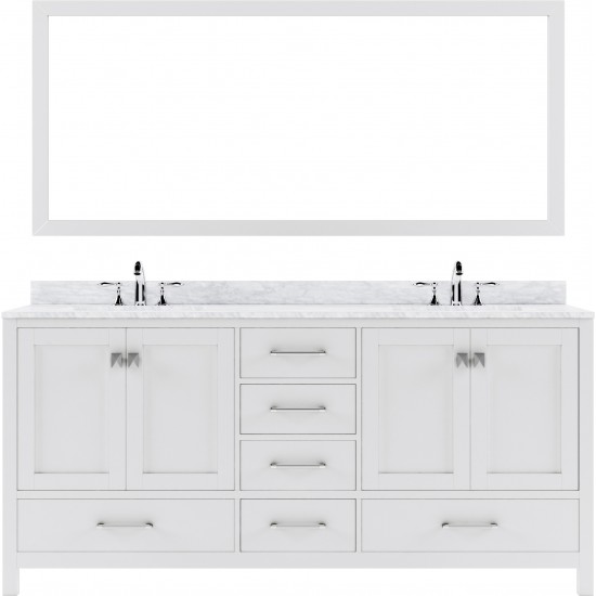 Caroline Avenue 72" Double Bath Vanity in White with White Marble Top and Square Sinks with Brushed Nickel Faucets and Mirror