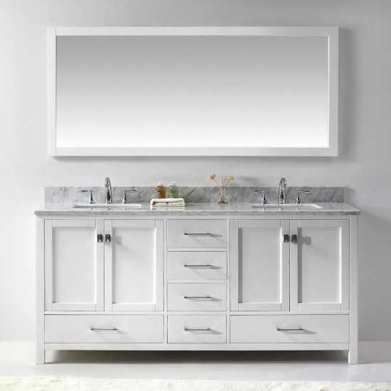 Caroline Avenue 72" Double Bath Vanity in White with White Marble Top and Square Sinks with Brushed Nickel Faucets and Mirror