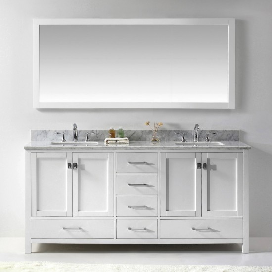 Caroline Avenue 72" Double Bath Vanity in White with White Marble Top and Square Sinks with Polished Chrome Faucets and Mirro