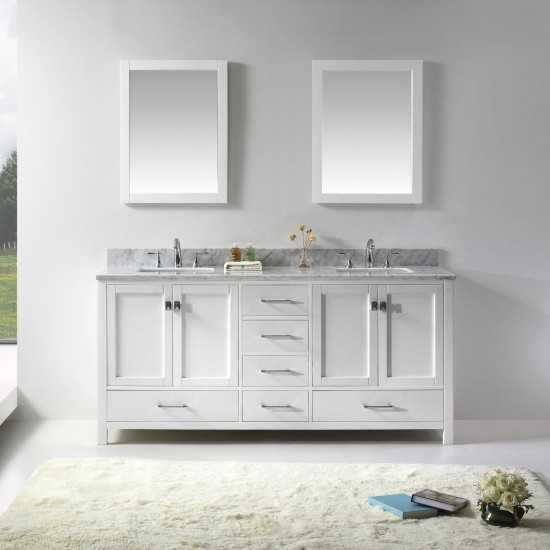 Caroline Avenue 72" Double Bath Vanity in White with White Marble Top and Square Sinks and Matching Mirror