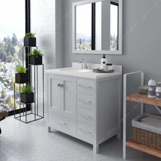 Caroline Avenue 24" Single Bath Vanity in White with White Quartz Top and Round Sink with Polished Chrome Faucet and Mirror