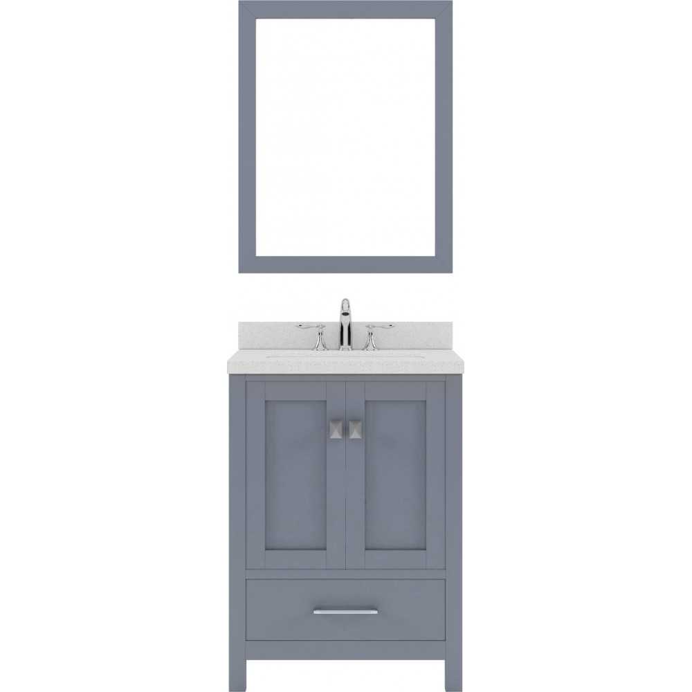 Caroline Avenue 24" Single Bath Vanity in Gray with White Quartz Top and Square Sink with Polished Chrome Faucet and Mirror