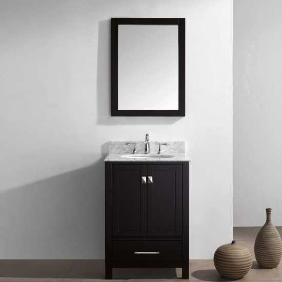 Caroline Avenue 24" Single Bath Vanity in Espresso with White Marble Top and Round Sink and Matching Mirror