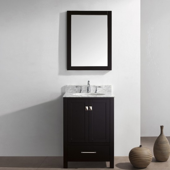 Caroline Avenue 24" Single Bath Vanity in Espresso with White Marble Top and Round Sink with Brushed Nickel Faucet and Mirror