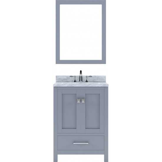 Caroline Avenue 24" Single Bath Vanity in Gray with White Marble Top and Round Sink with Brushed Nickel Faucet and Mirror