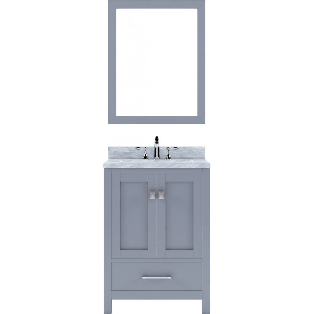 Caroline Avenue 24" Single Bath Vanity in Gray with White Marble Top and Round Sink with Polished Chrome Faucet and Mirror