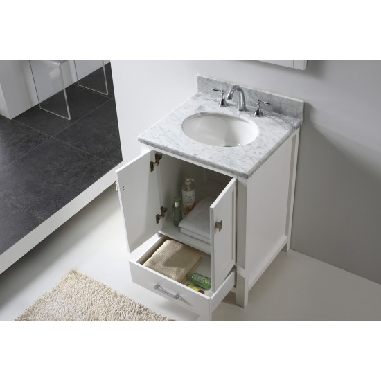 Caroline Avenue 24" Single Bath Vanity in White with White Marble Top and Round Sink and Matching Mirror