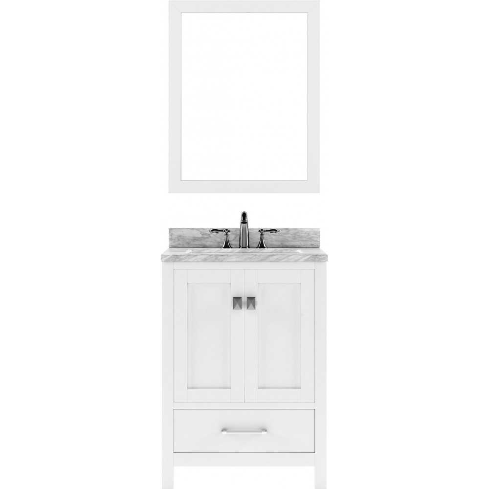 Caroline Avenue 24" Single Bath Vanity in White with White Marble Top and Round Sink with Brushed Nickel Faucet and Mirror