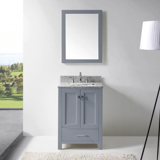 Caroline Avenue 24" Single Bath Vanity in Gray with White Marble Top and Square Sink with Brushed Nickel Faucet and Mirror