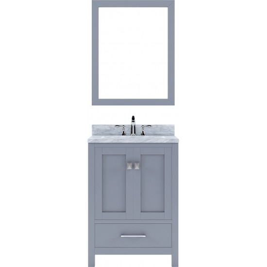 Caroline Avenue 24" Single Bath Vanity in Gray with White Marble Top and Square Sink with Polished Chrome Faucet and Mirror